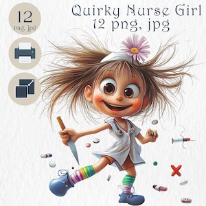 Quirky Nurse Girl Clipart Kit, 12. Funny Whimsical Doctor Character. Junk Journal, Scrapbook, DIY Card Making, Nursery Fantasy Decor, Print