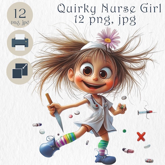 Quirky Nurse Girl Clipart Kit, 12. Funny Whimsical Doctor Character. Junk Journal, Scrapbook, DIY Card Making, Nursery Fantasy Decor, Print