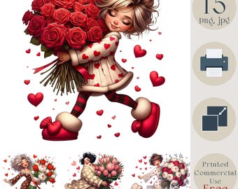 Quirky Cute Girl Clipart. Funny Girl with Flowers & Hearts. Valentines Day, Birthday Digital Art, 15 PNG Diy Cards make, Scarpbook, Crafts,