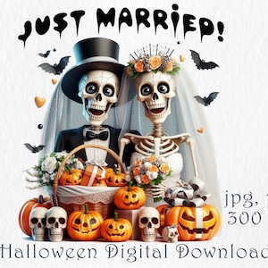 Just Married Halloween digitaal. Leuk, grillig net getrouwd ontwerp van skeletten, pompoenen, cadeaus.  Halloween TS, mokken, muurkunstprint, T-shirt
