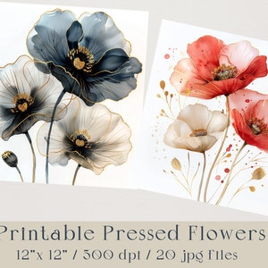 Arte digital elegante con flores de amapola. Papel de amapolas prensado abstracto imprimible, 20 JPG, descarga instantánea para manualidades, álbumes de recortes y diarios basura