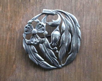 Broche Art Nouveau En Argent Guilloché Fin XIXe - Trèfles à 3 Feuilles