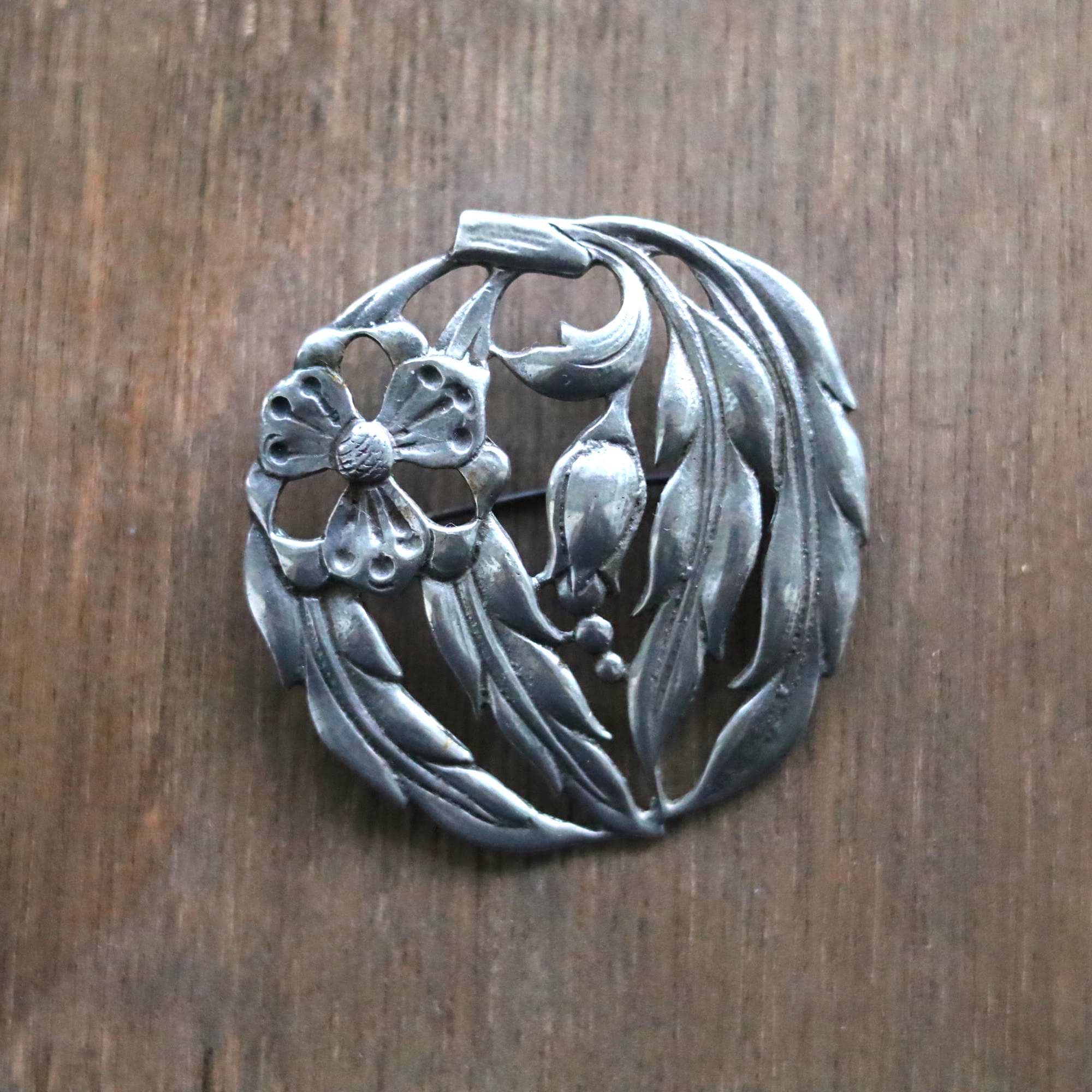 Broche Ancienne Art Nouveau En Argent Massif 925 - Motif Bouquet Fleuri