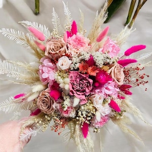 Bridal bouquet of stabilized fuchsia pink and white flowers, eternal roses, long-lasting wedding bouquet, romantic handmade decoration