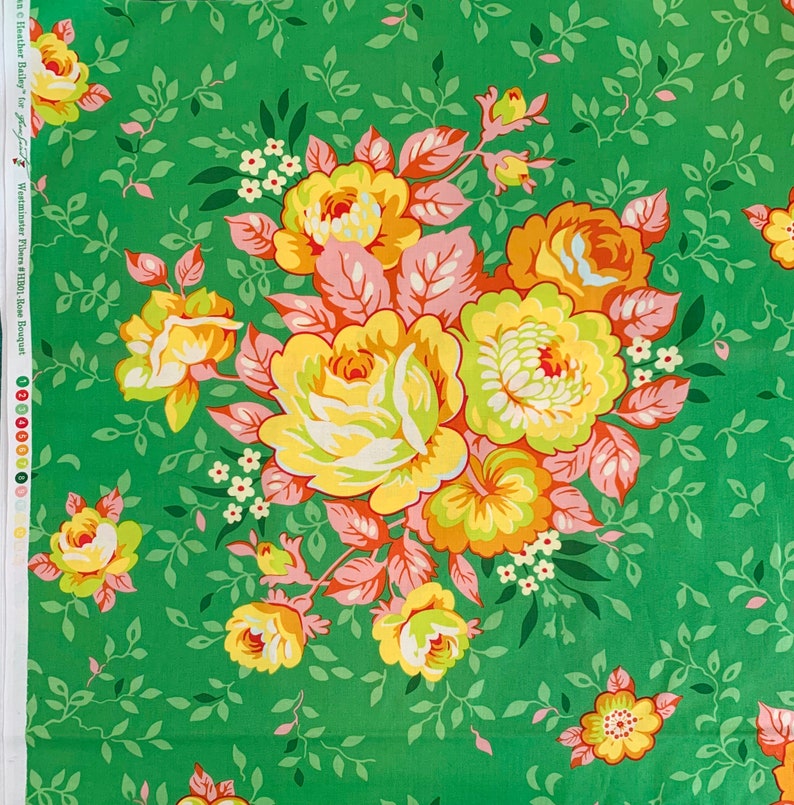 Heather Bailey Pop Garden Rose Bouquet in Green HB01 RARE, OOP 100% cotton 1 yd image 1