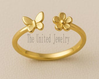 Gold Plated Sterling Silver Butterfly Flower Ring - Adjustable Open Band