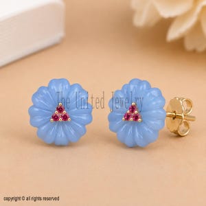 925 Sterling Silver Blue Chalcedony Flower Stud Earrings, Ruby Floral Stud Earrings, Hand Carved Blue Gemstone Earrings