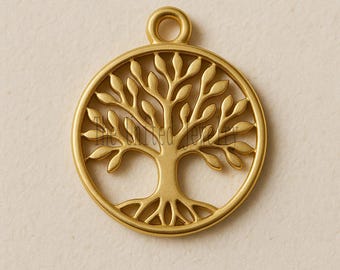 May include: A gold-colored pendant featuring a tree of life design within a circular frame. The tree's branches and roots are intricately detailed. The pendant has a small loop at the top for a chain. The text "copyright © all rights reserved" is at the bottom.