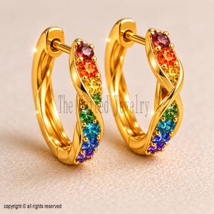 Solid 925 Sterling Silver Twisted Rainbow Hoop Earrings | Gold Plated Gemstone Huggie Hoops