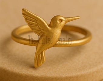 Gold Plated Sterling Silver Hummingbird Ring - Bird Lover Gift