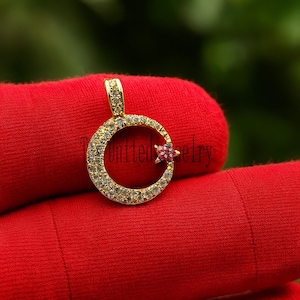 Moissanite Crescent Moon Necklace: Sterling Silver Ruby Star Pendant