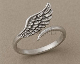 Sterling Silver Angel Wing Ring: Adjustable 925 Feather Jewelry