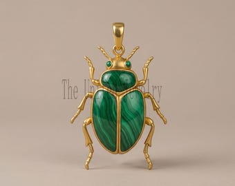Sterling Silver Malachite Beetle Pendant: Egyptian Scarab Amulet