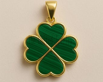 Gold Four Leaf Clover Pendant with Malachite – 925 Sterling Silver Lucky Charm Necklace