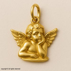 14k Solid Gold Angel Cherub Pendant – Classic Renaissance Style Guardian Angel Charm for Necklace