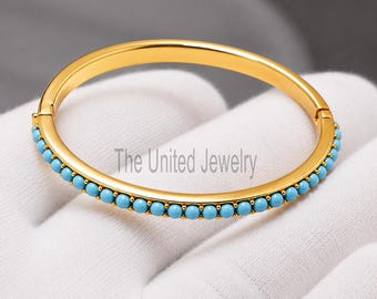 Gold Bangle with Turquoise Stones – 925 Sterling Silver, 18K Gold Plated Cuff Bracelet
