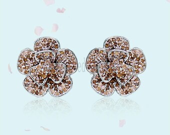 Pave Diamond Handmade Flower Stud Earrings For Women&#39;s