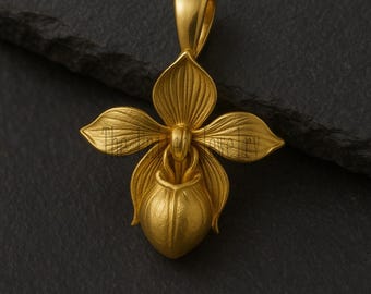 18K Gold Plated Sterling Silver Orchid Pendant - Botanical Necklace