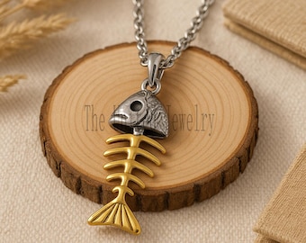 925 Sterling Silver Fishbone Pendant Necklace | Two Tone Silver & Gold Skeleton Fish Charm