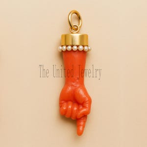 Pendentif Or 18k Corail Méditerranéen - Main De Figa Porte-bonheur - Vintage