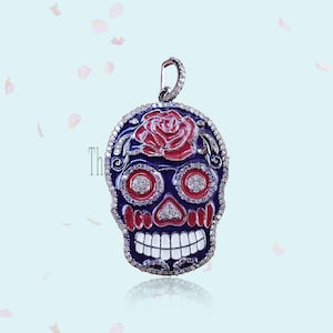 925 Sterling Silver Enamel Skull Charm Diamond Pendant Jewelry