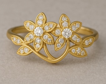 Floral Moissanite Ring: 18K Gold Plated Sterling Silver Flower Jewelry