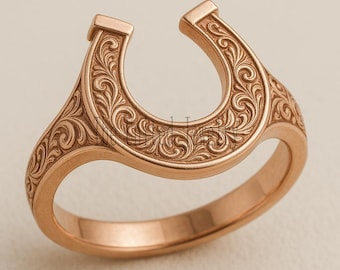 Vintage Horseshoe Ring, 925 Sterling Silver Lucky Horse Shoe Band, Western Floral Engraved Ring,