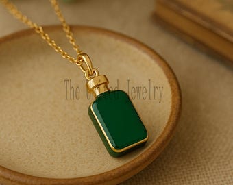 925 Sterling Silver Green Enamel Bottle Pendant Necklace – Gold Plated Mini Perfume Bottle Charm