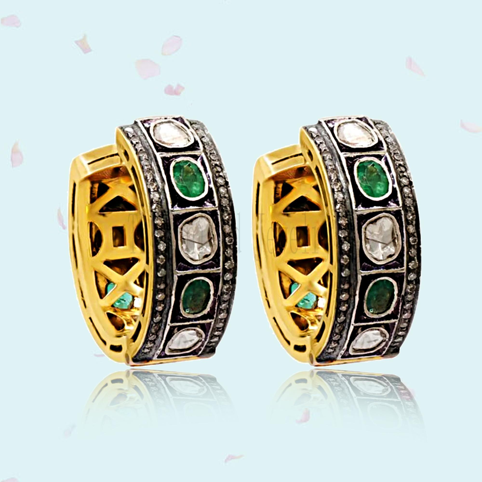 Pave Diamond Handmade Polki Emerald Hoop Earrings For Women's