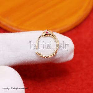 May include: A gold-colored snake-shaped earring with a red gemstone eye and a small white gemstone. The earring is on a white surface with the text "The United Jewelry". The background is red and orange.