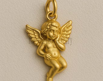 Gold Angel Cherub Pendant – 925 Sterling Silver, Guardian Angel Jewelry, Spiritual Protection Charm