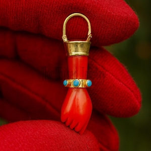 Handmade Carved Coral & Turquoise Figa Hand Lucky Charm Pendant 925 Sterling Silver Jewelry