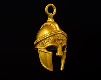 Gold Plated 925 Sterling Silver Spartan Helmet Pendant Necklace, Gladiator Warrior Charm, Biker Statement Jewelry