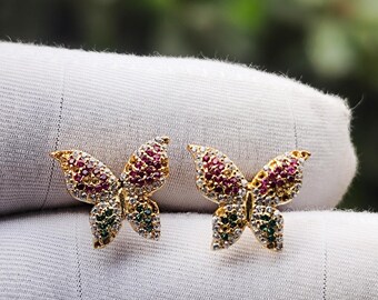 Pave Diamond With Ruby And Tsavorite Handmade Butterfly Stud Earrings For Women&#39;s
