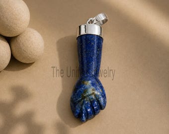 Sterling Silver Blue Stone Figa Hand Pendant, Lapis Lazuli Charm Necklace, Protection Amulet