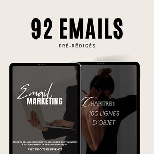 Puede incluir: Una portada de producto digital con fondo negro y texto blanco. La portada presenta a una mujer de espaldas a la cámara y el texto "92 Emails Pre-escritos" y "Email Marketing".