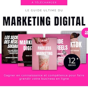Peut inclure: Image promotionnelle pour des ressources de marketing numérique. L'image présente un design rose et noir avec le texte "MARKETING DIGITAL" et plusieurs couvertures d'ebooks. Le texte "12+ EBOOKS" est également inclus.