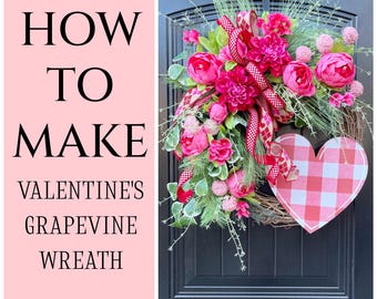May include: How to make a Valentine's grapevine wreath with pink flowers, greenery, and a red and white gingham heart. Digital Video Tutorial.