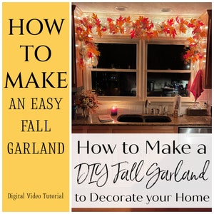 May include: A how-to guide on making a DIY autumn garland to decorate your home. The image shows a kitchen window decorated with a garland of autumn leaves and lights.