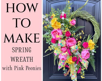 Comment faire une couronne de printemps avec des pivoines, guirlande de porte à faire soi-même, vidéo, tutoriel de fabrication de couronnes, vidéo de créations de guirlandes