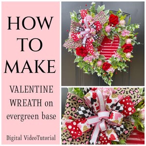 Könnte beinhalten: Wie man einen Valentinstags-Kranz auf einer immergrünen Basis herstellt. Der Kranz ist mit einem roten Herzen, rosa und roten Blumen und einer großen Schleife aus Leopardenmuster, schwarz-weißem Karomuster und roten Tupfen verziert.