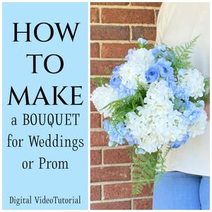 Puede incluir: Cómo hacer un ramo para bodas o el baile de graduación. Un tutorial de video digital con un ramo de flores blancas y azules.