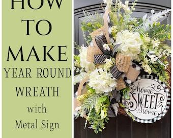 Comment faire une couronne de fleurs toute l'année avec une plaque en métal, une couronne de porte DIY pour tous les jours, comment faire une vidéo, tutoriel de fabrication de couronnes, vidéo de couronnes de vigne DIY