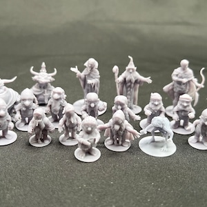 May include: A collection of 19 gray 3D printed miniature figurines, including a large monster, a wizard, a warrior, and several dwarves. The figurines are all standing on small round bases.