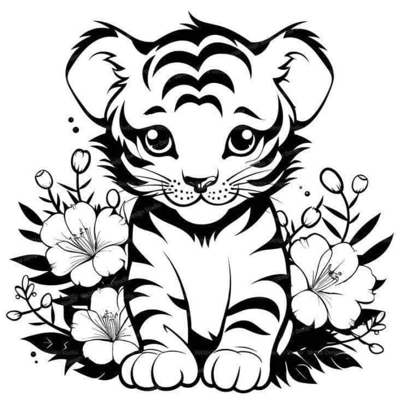 May include: Black and white line art illustration of a cute baby tiger sitting in a field of flowers. The tiger has large eyes and a sweet expression.