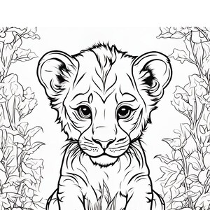 May include: A black and white line drawing of a lion cub sitting in the grass. The cub has large eyes and a sweet expression. The background is filled with simple floral designs.
