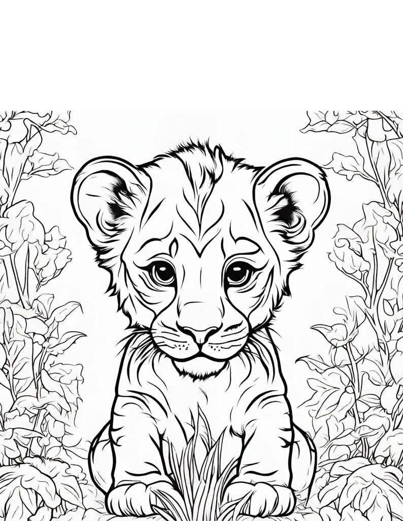 May include: A black and white line drawing of a lion cub sitting in the grass. The cub has large eyes and a sweet expression. The background is filled with simple floral designs.
