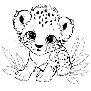 May include: A black and white line drawing of a cute cartoon leopard cub with big eyes. The cub is sitting on its hind legs with its front paws resting on its lap. The cub is surrounded by leaves.