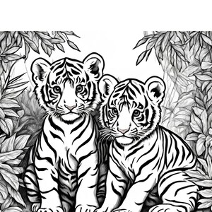 May include: Two white tiger cubs with black stripes sit together in a jungle setting. The cubs are facing forward with their heads tilted slightly down. The background is a black and white illustration of leaves and branches.