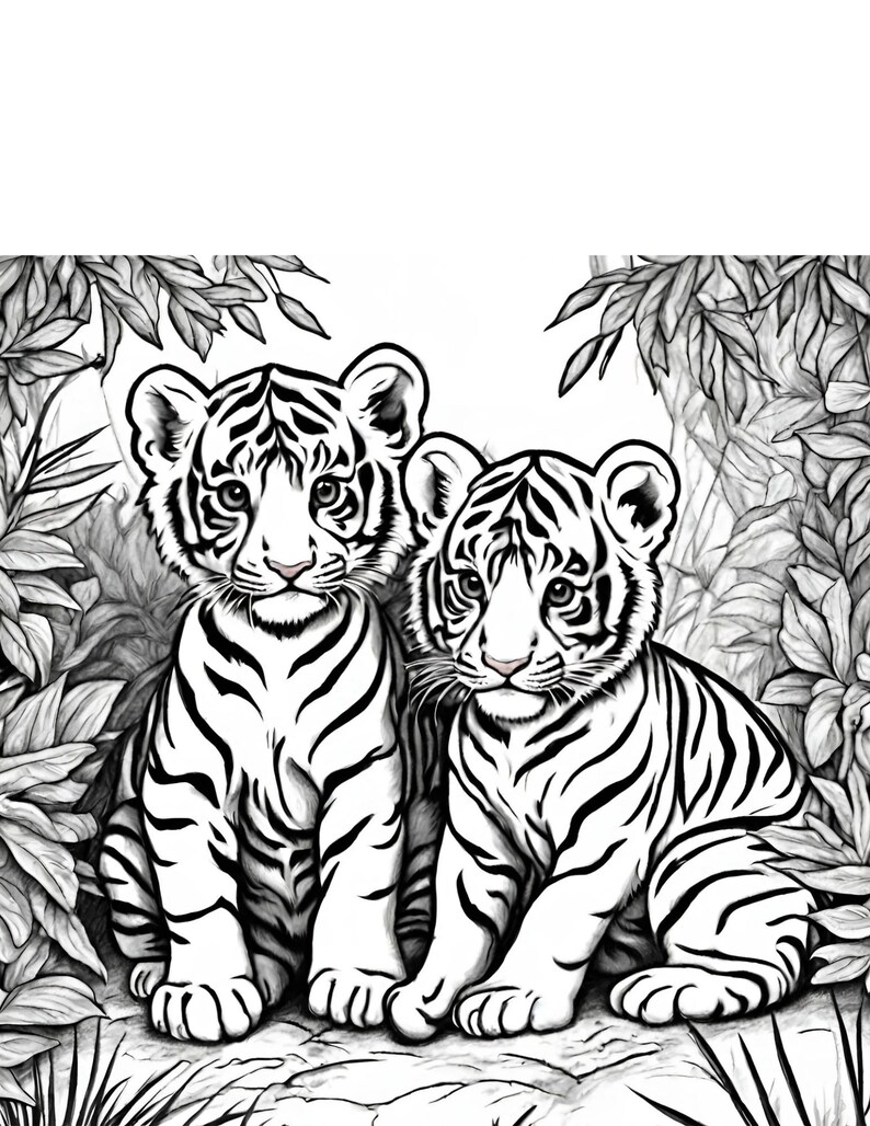 May include: Two white tiger cubs with black stripes sit together in a jungle setting. The cubs are facing forward with their heads tilted slightly down. The background is a black and white illustration of leaves and branches.